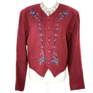 Vintage Liz Claiborne 100% Wool Cropped Embroidered Jacket Lined Size 10